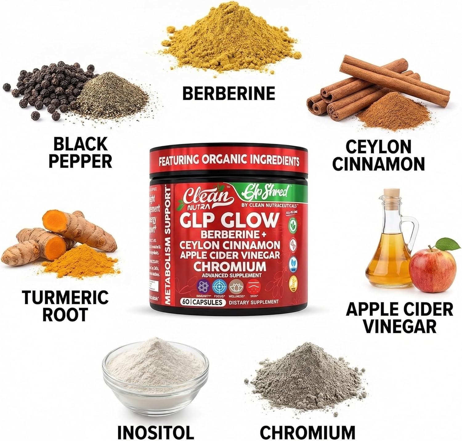 image:imageGLP1 Supplement Berberine Ceylon Cinnamon Apple Cider Vinegar Chromium Turmeric Gut Health Digestive Balance 60 Vegan Capsules by Clean Nutra