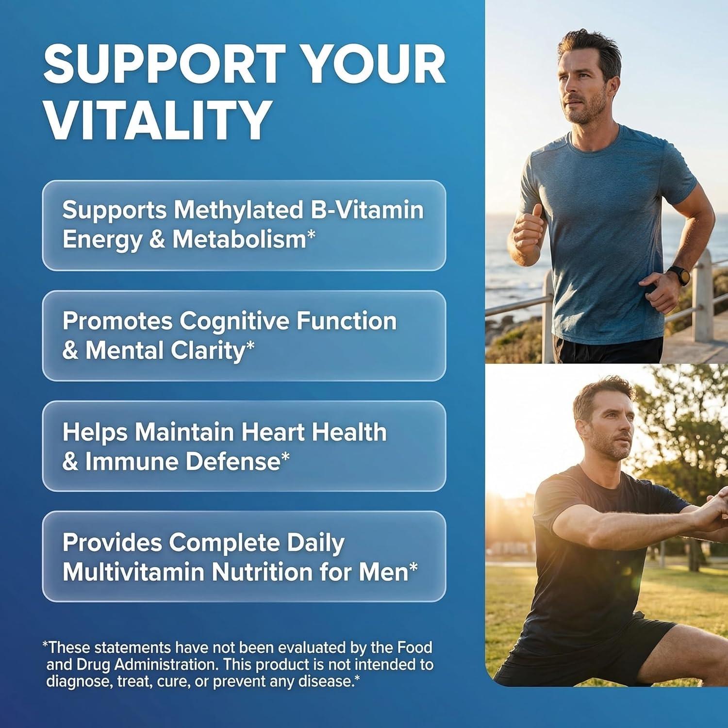 image:imageMethylated Multivitamin for Men with Vitamin B12 B6 Choline Magnesium Selenium CoQ10 Iodine Manganese Iron Boron Copper Thiamin Riboflavin Biotin Probiotics Omega 3 Vegetarian Capsules Mens Vitamins