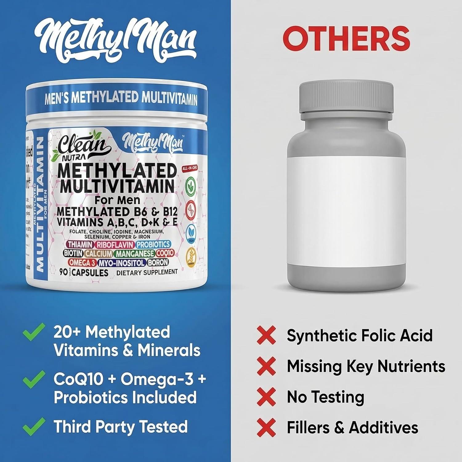 image:imageMethylated Multivitamin for Men with Vitamin B12 B6 Choline Magnesium Selenium CoQ10 Iodine Manganese Iron Boron Copper Thiamin Riboflavin Biotin Probiotics Omega 3 Vegetarian Capsules Mens Vitamins