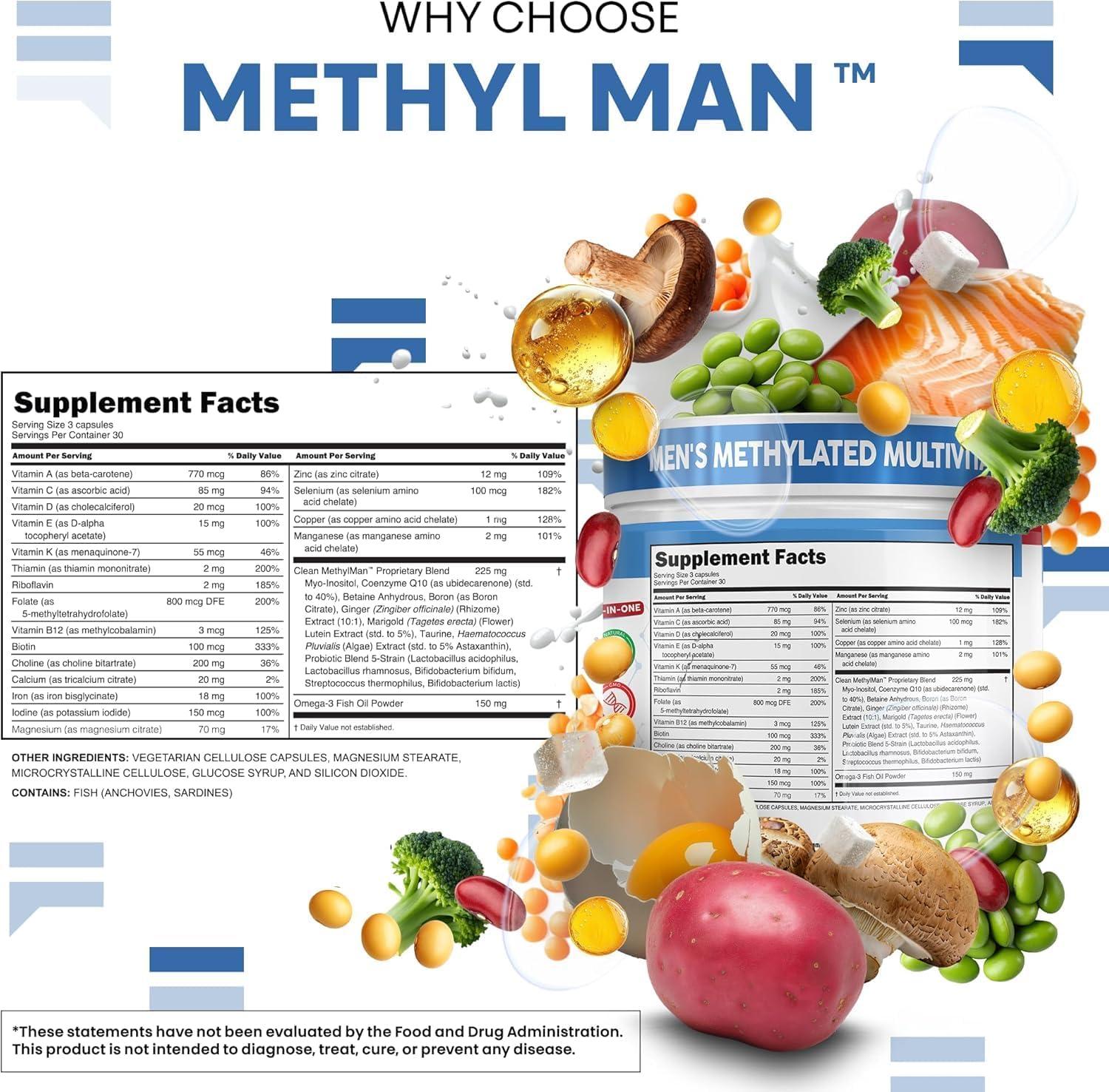 image:imageMethylated Multivitamin for Men with Vitamin B12 B6 Choline Magnesium Selenium CoQ10 Iodine Manganese Iron Boron Copper Thiamin Riboflavin Biotin Probiotics Omega 3 Vegetarian Capsules Mens Vitamins