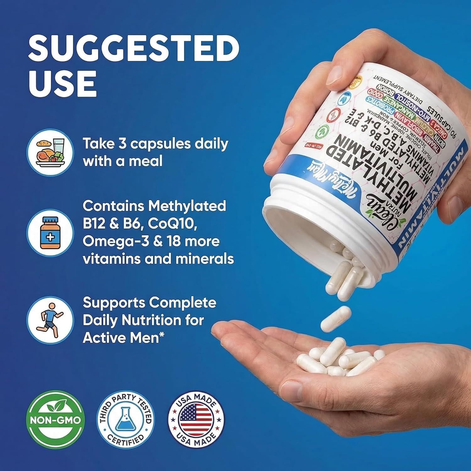 image:imageMethylated Multivitamin for Men with Vitamin B12 B6 Choline Magnesium Selenium CoQ10 Iodine Manganese Iron Boron Copper Thiamin Riboflavin Biotin Probiotics Omega 3 Vegetarian Capsules Mens Vitamins