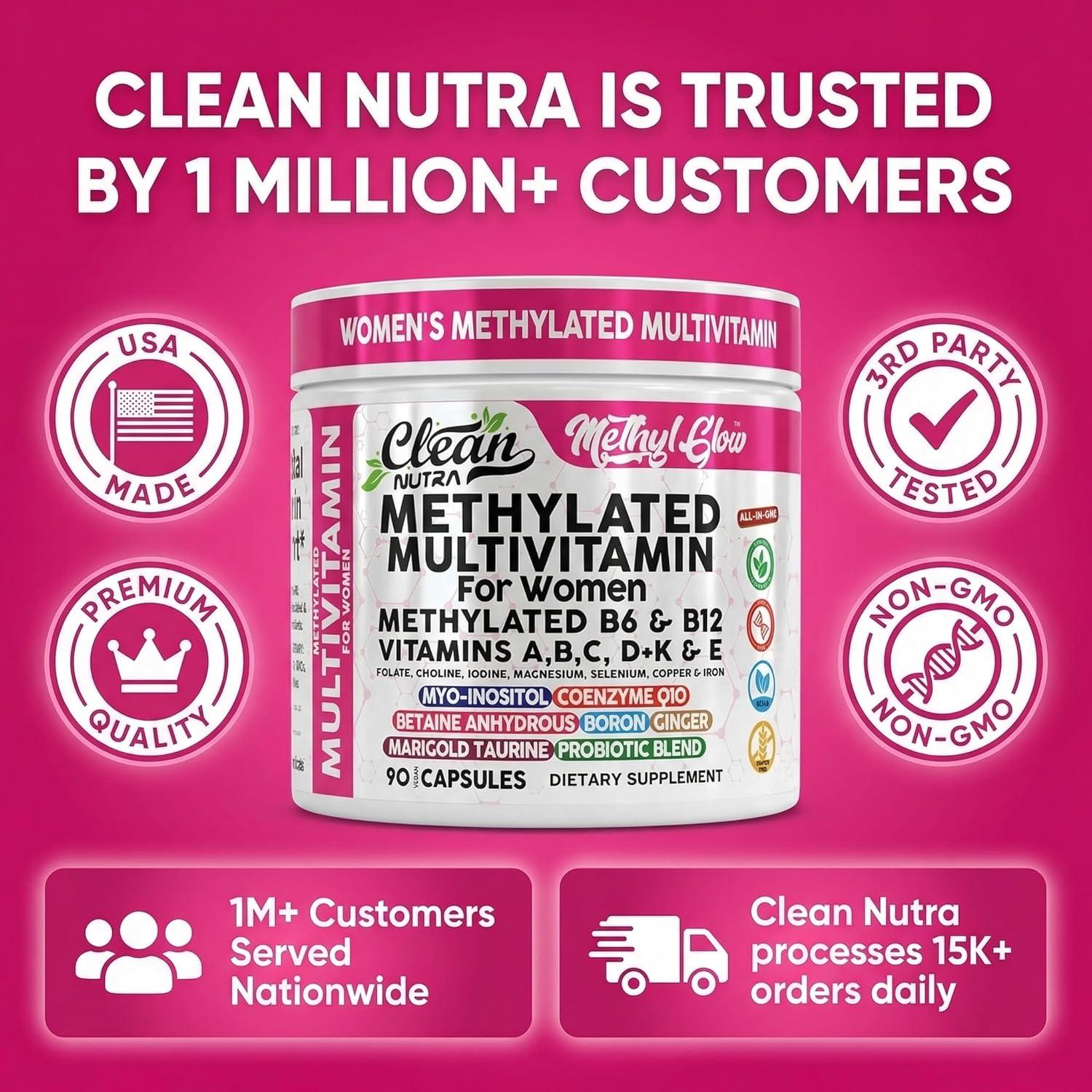 image:imageMethylated Multivitamin for Women Vitamins B6 Methyl B12 A B C D K E Folate Choline Omega 3 Thiamine Riboflavin Iron Iodine Magnesium Zinc Selenium Copper Calcium 90 Capsules by Clean Nutra