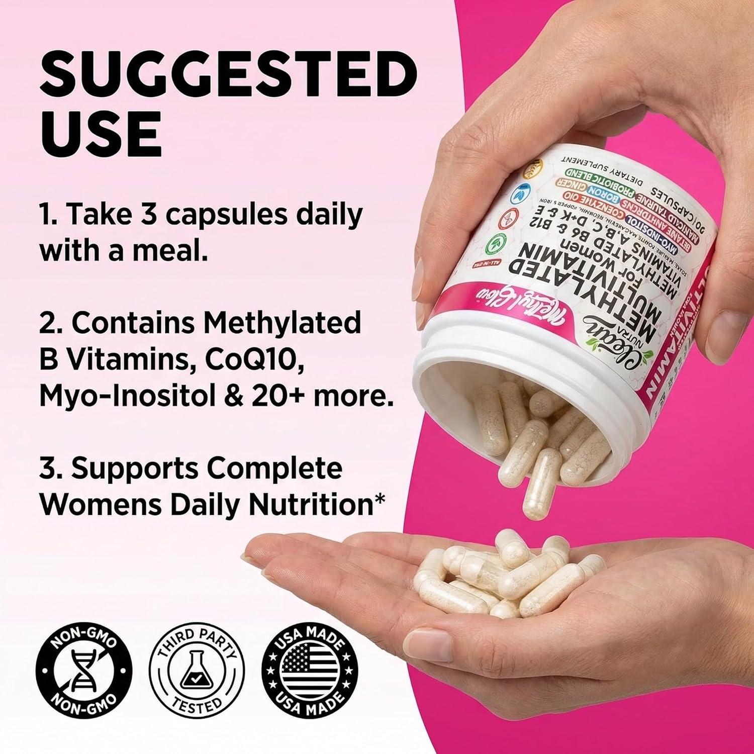 image:imageMethylated Multivitamin for Women Vitamins B6 Methyl B12 A B C D K E Folate Choline Omega 3 Thiamine Riboflavin Iron Iodine Magnesium Zinc Selenium Copper Calcium 90 Capsules by Clean Nutra