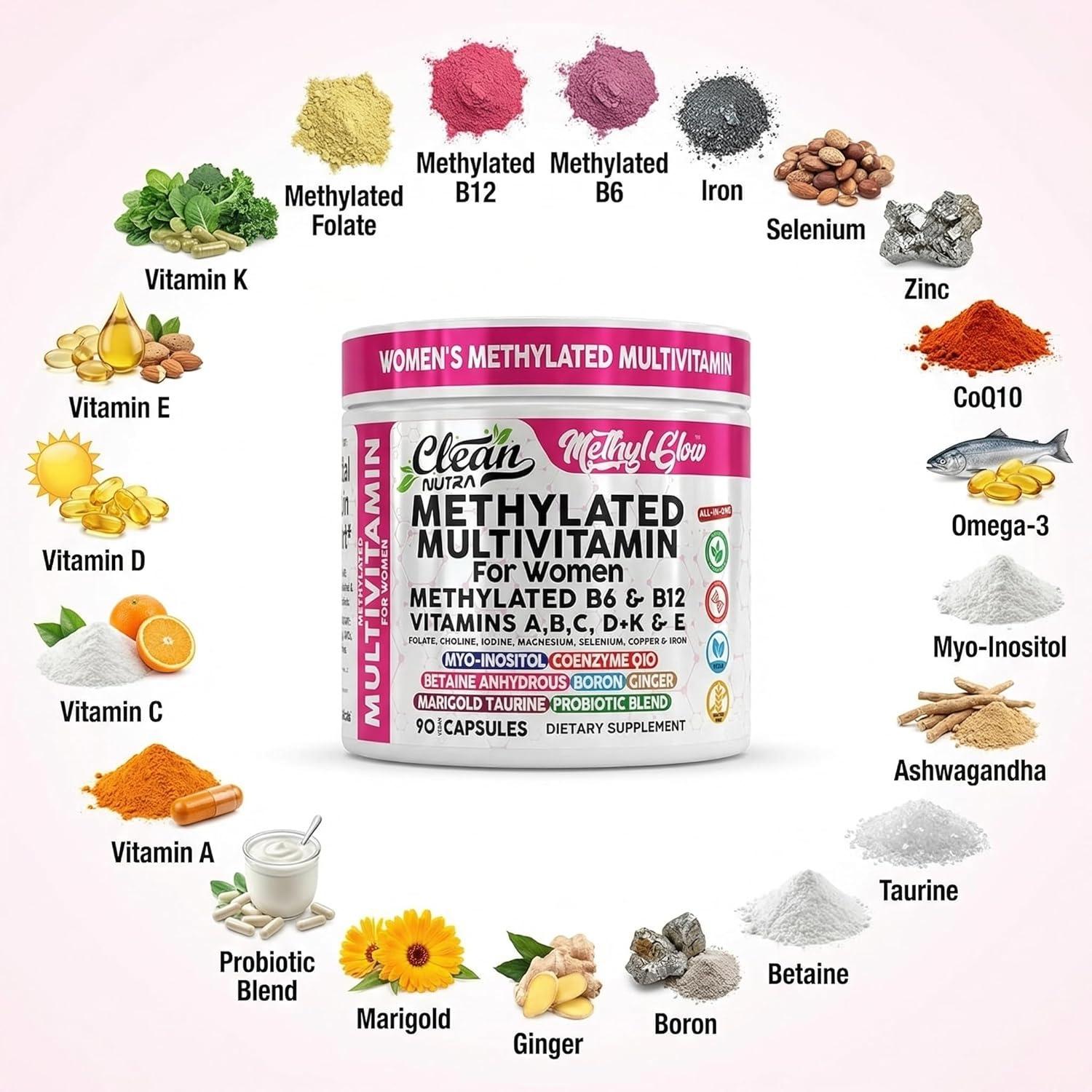 image:imageMethylated Multivitamin for Women Vitamins B6 Methyl B12 A B C D K E Folate Choline Omega 3 Thiamine Riboflavin Iron Iodine Magnesium Zinc Selenium Copper Calcium 90 Capsules by Clean Nutra