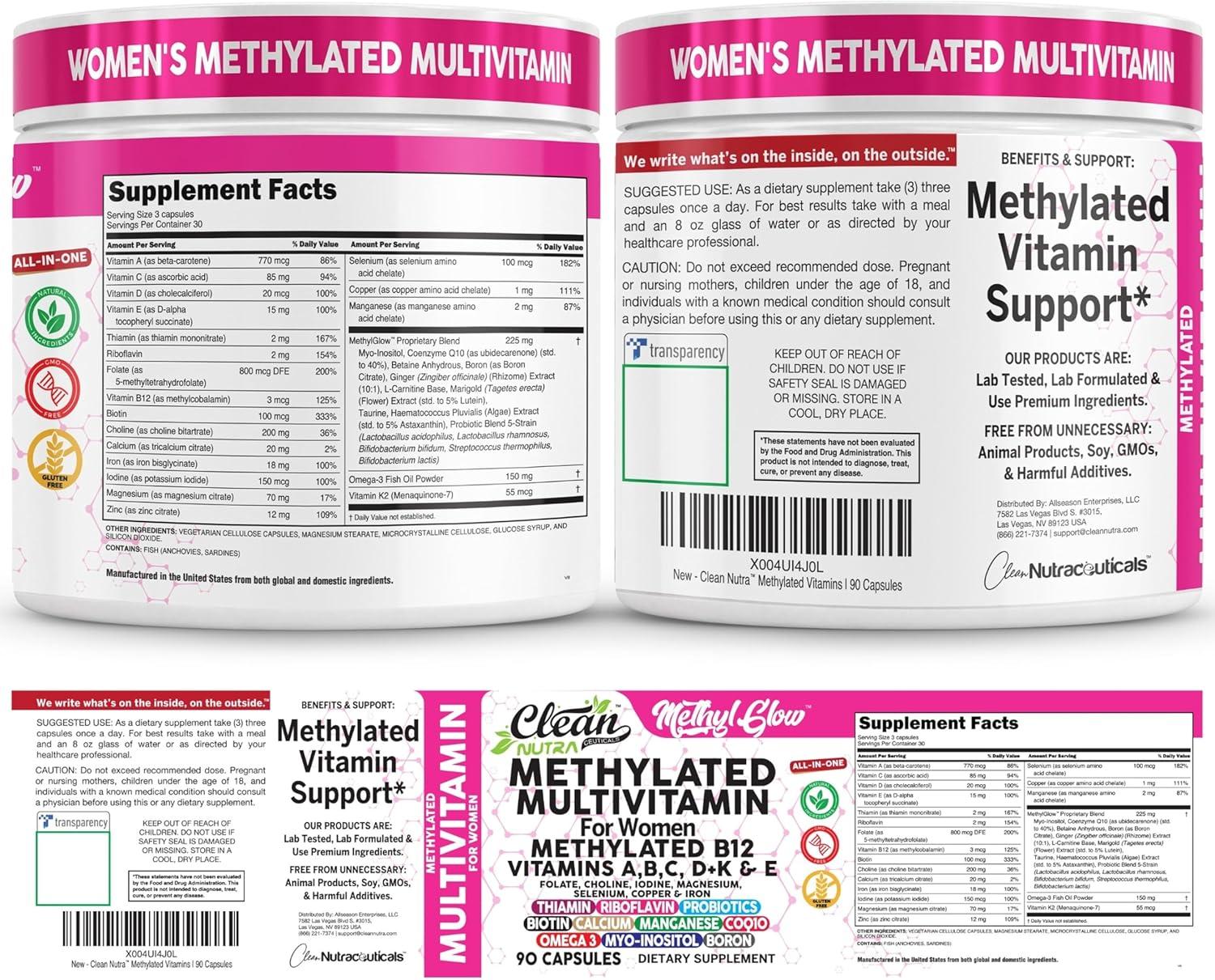 image:imageMethylated Multivitamin for Women Vitamins B6 Methyl B12 A B C D K E Folate Choline Omega 3 Thiamine Riboflavin Iron Iodine Magnesium Zinc Selenium Copper Calcium 90 Capsules by Clean Nutra