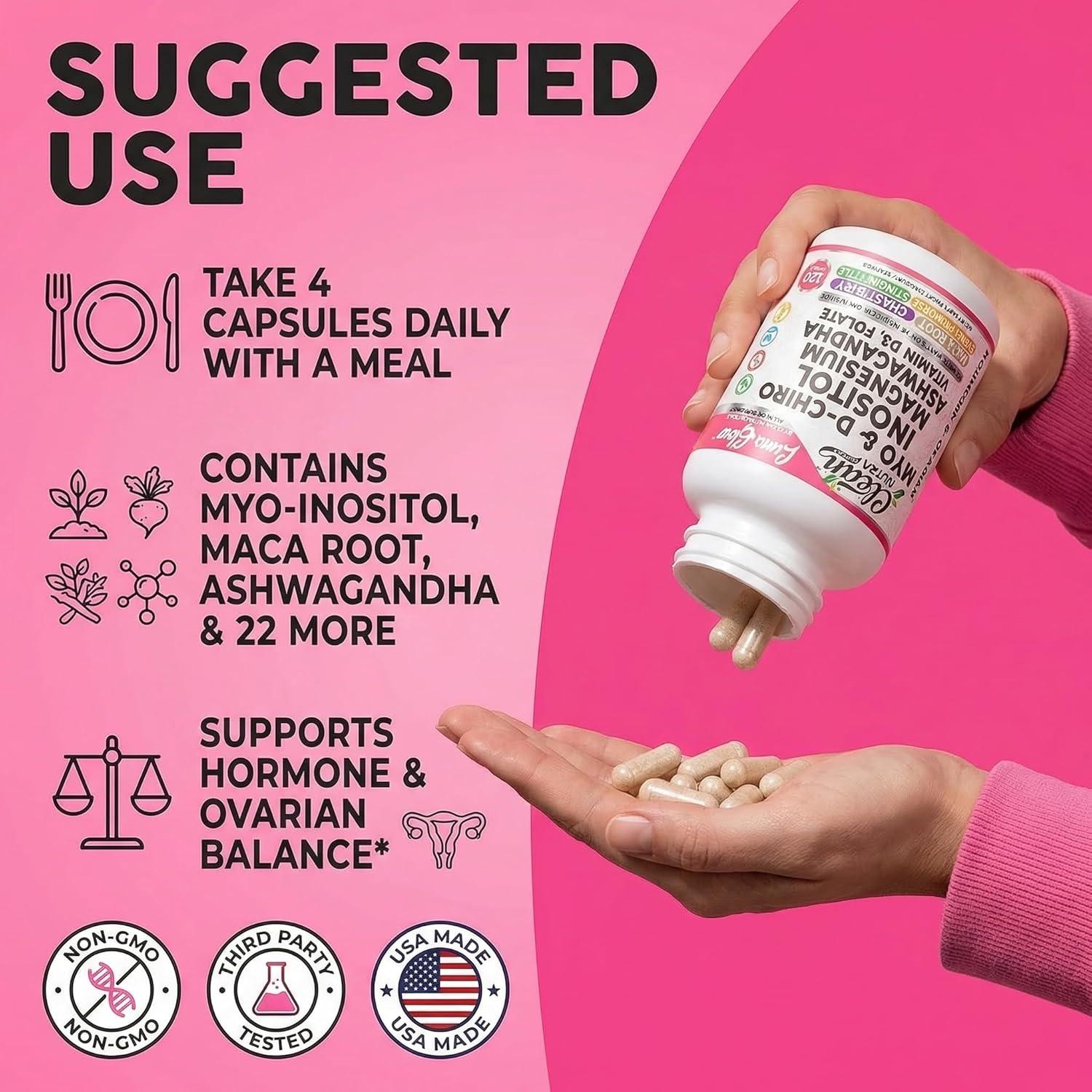 image:imageMyo Inositol D Chiro Inositol Supplement for Women Hormone Balance with Magnesium Ashwagandha Vitamin D3 Folate Maca Root Chasteberry Evening Primrose Ovarian Support Capsules 120 Count