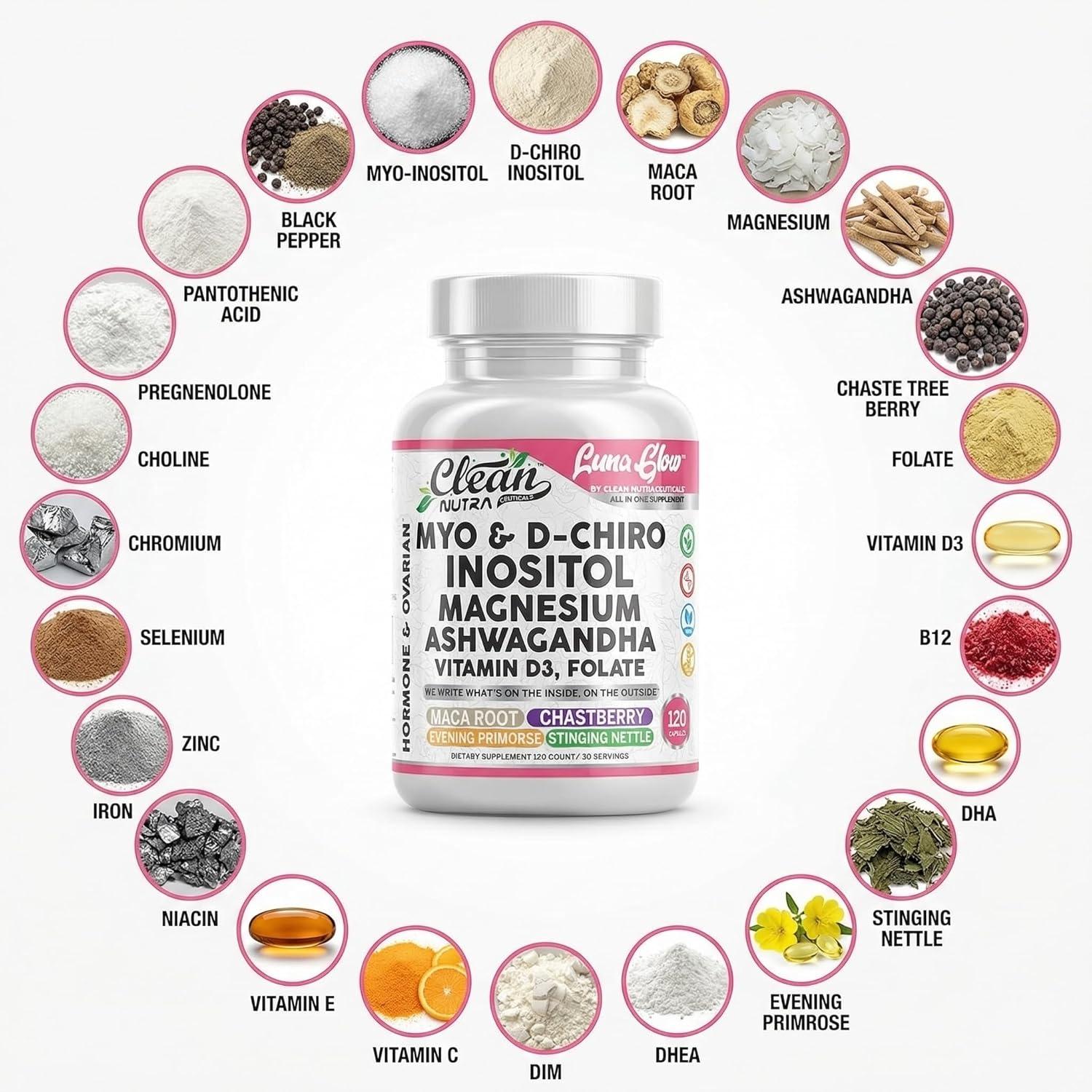 image:imageMyo Inositol D Chiro Inositol Supplement for Women Hormone Balance with Magnesium Ashwagandha Vitamin D3 Folate Maca Root Chasteberry Evening Primrose Ovarian Support Capsules 120 Count