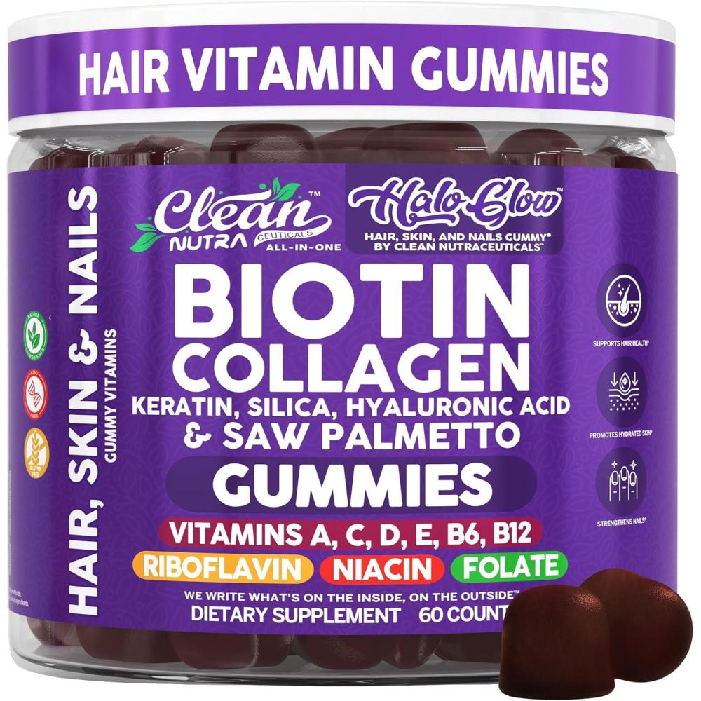 image:imageClean Nutra Biotin Gummies Collagen Hyaluronic Acid Keratin Hair Vitamins Supplement Hair Growth Support Skin amp Nails Vitamins C D E B6 amp B12 US Made for Women amp Men 60 Gummy Count