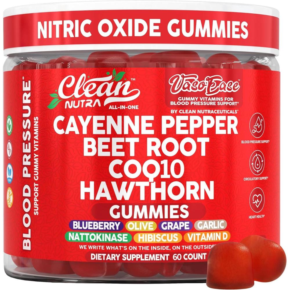 image:imageClean Nutra Cayenne Pepper Beet Root Gummies Beetroot Garlic CoQ10 Hawthorn Berry Grape Seed Extract Olive Leaf Nattokinase Hibiscus Vitamin D Nitric Oxide VasoEase