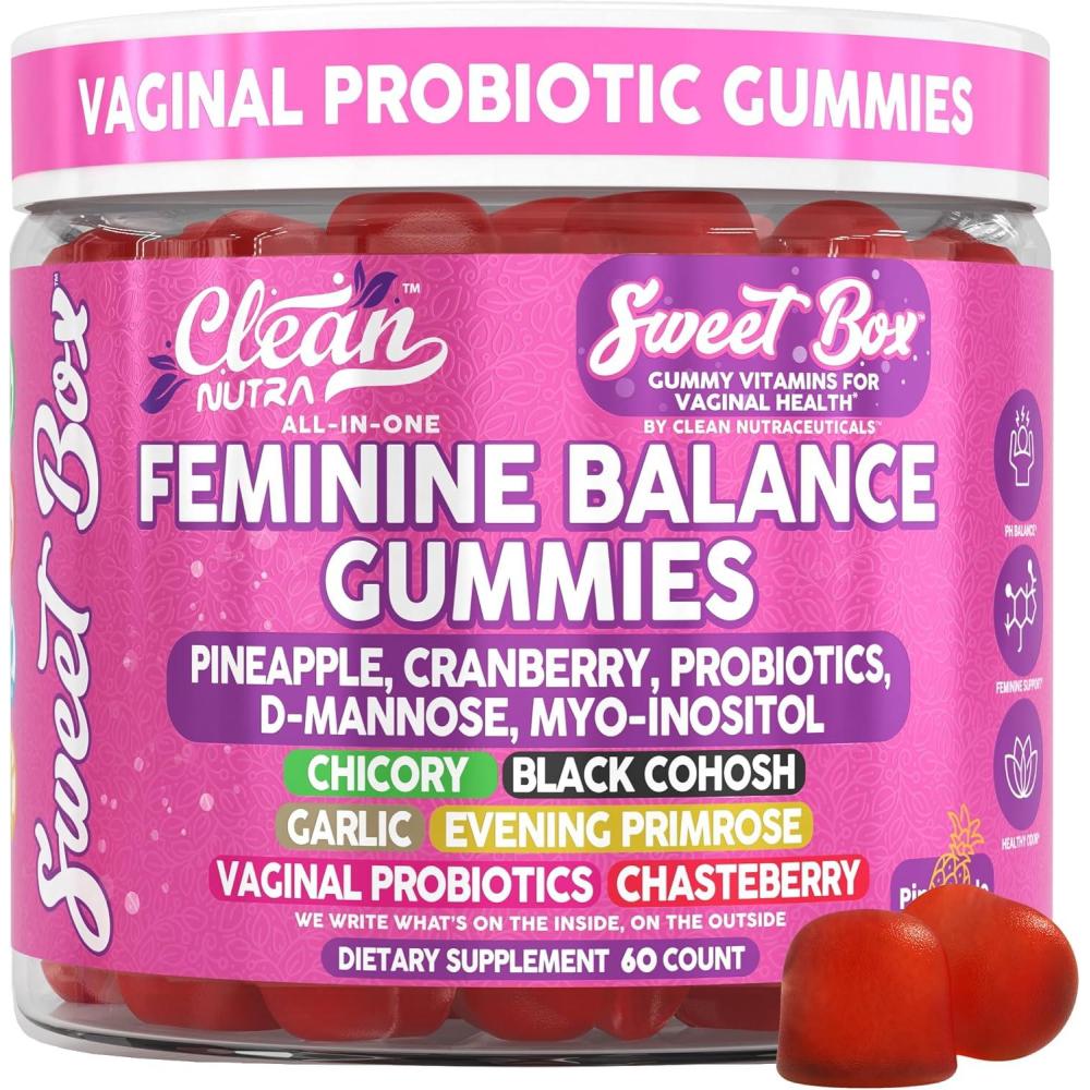 image:imageClean Nutra Feminine Balance Gummies for Women Pineapple VaginalProbiotics pH Balance Cranberry D Mannose Supplement Inositol Black Cohosh Evening Primrose Garlic Vitex GLA Prebiotics Folate 60ct