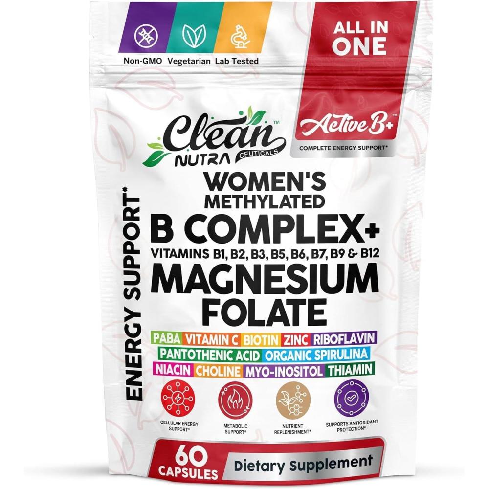 image:imageClean Nutra Womens Methylated B Complex with Magnesium Folate Vitamins B1 B2 B3 B5 B6 B7 B9 B12 Vitamin C Biotin Zinc PABA Choline MyoInositol Organic Spirulina 60 Capsules Vegetarian 1