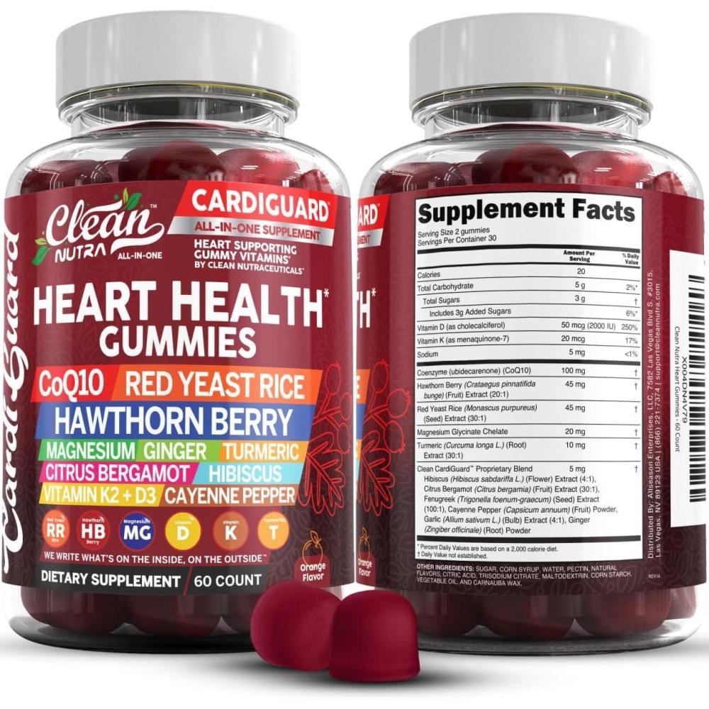 image:imageClean Nutraceuticals Coq10 Gummies Red Yeast Rice Hawthorn Berry Ginger Turmeric Citrus Bergamot Hibiscus Vitamin K2D3 Magnesium Glycinate Cayenne Pepper Fenugreek Orange Flavor CardiGuard1