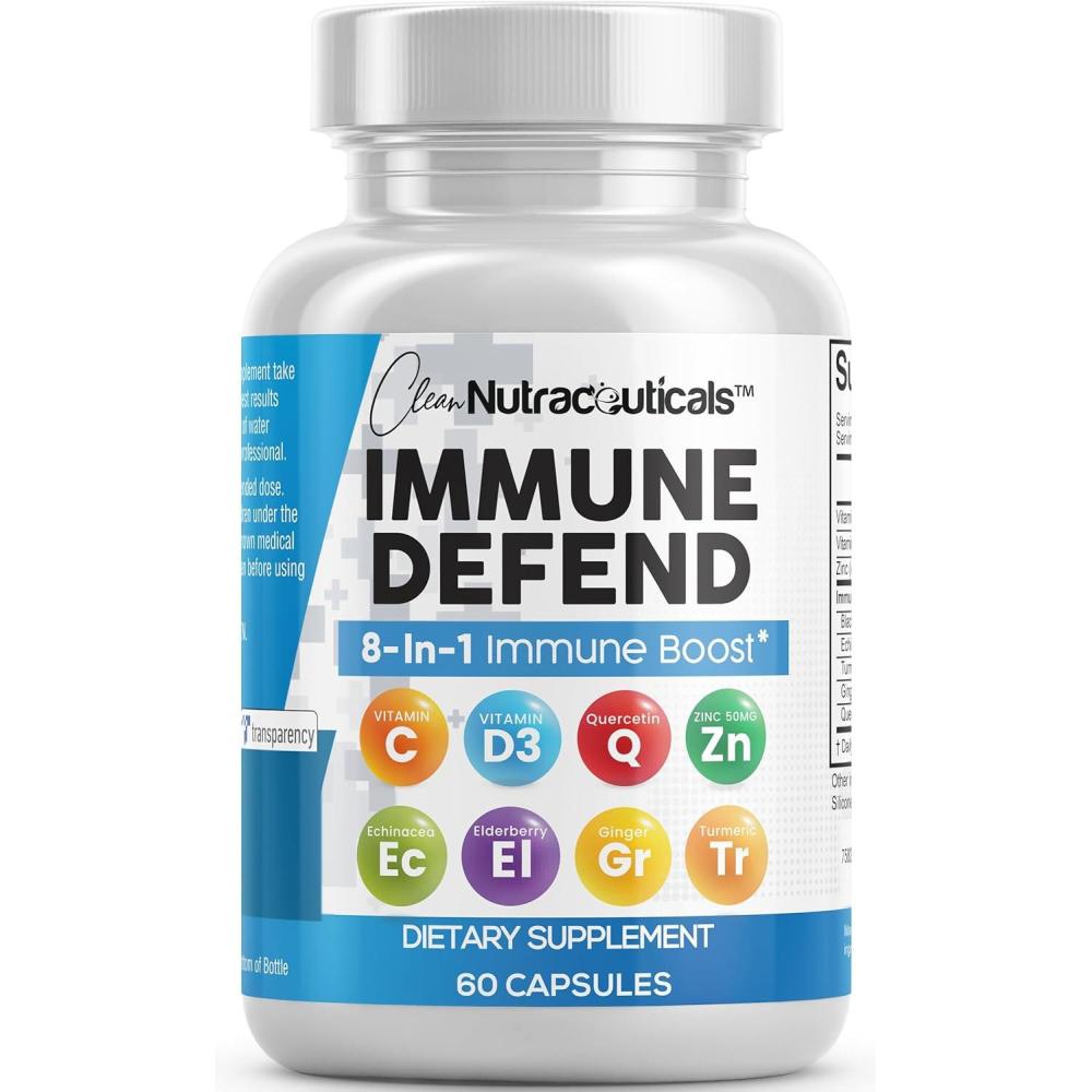 image:imageClean Nutraceuticals Immune Defense Support Supplement 8 in 1 with Zinc 50mg Quercetin VIT C 1000mg Vitamin D3 5000 IU Elderberry Ginger Immunity System Booster for Adults Vegan 60 Count1