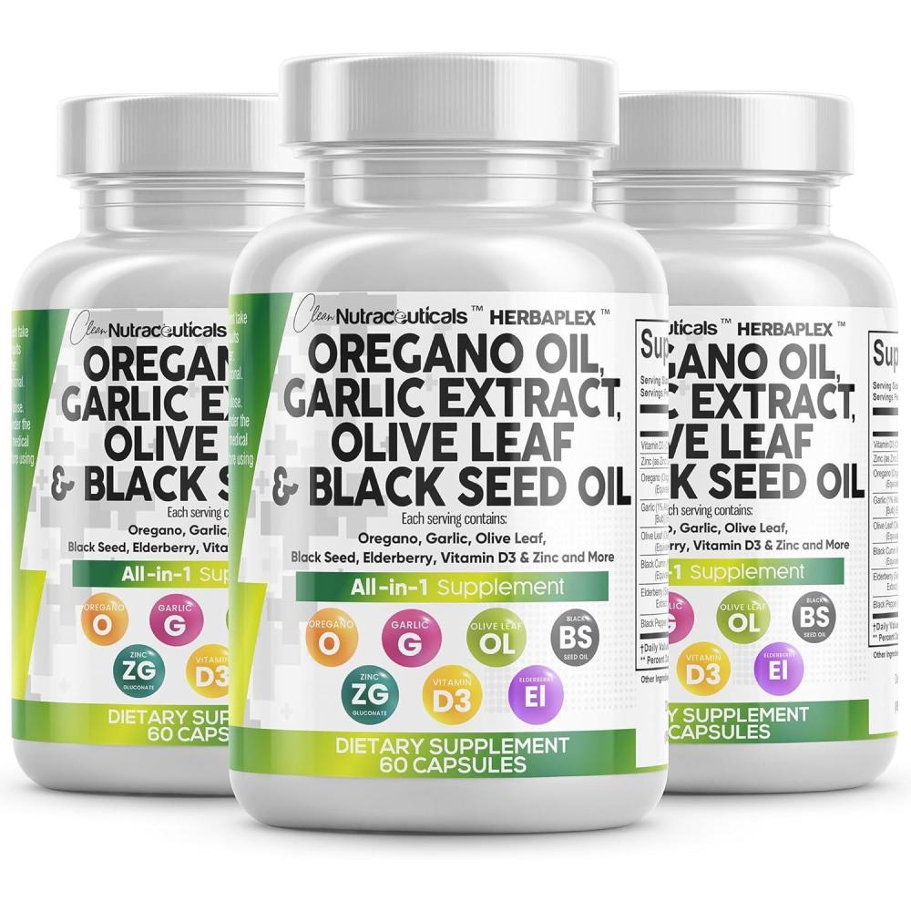 image:imageClean Nutraceuticals Oregano Oil Garlic Extract Olive Leaf Black Seed Oil Immune Support amp Digestive Health Supplement for Women and Men with Vitamin D3 amp Zinc 3Pack