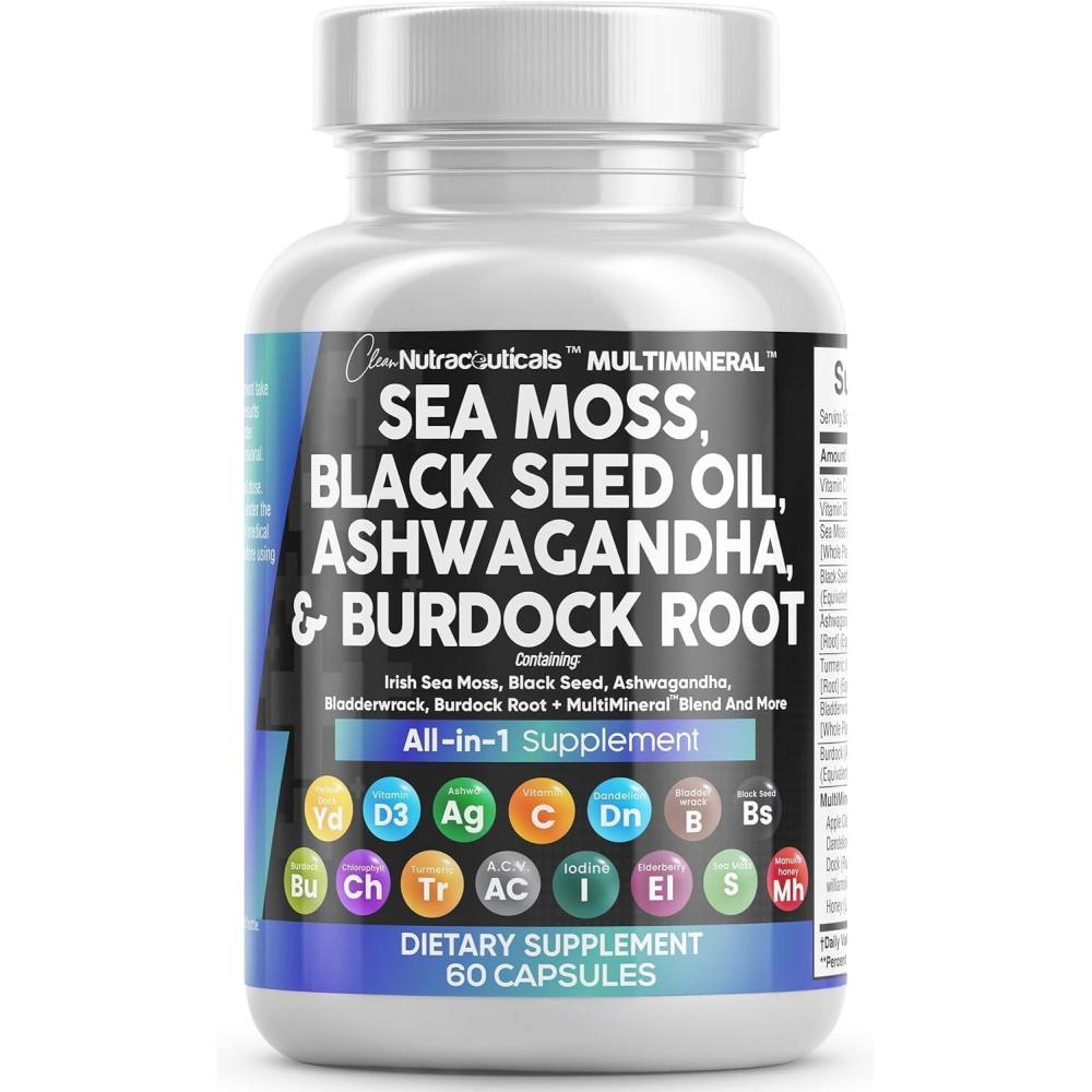 image:imageClean Nutraceuticals Sea Moss Black Seed Oil Ashwagandha Turmeric Bladderwrack Burdock amp Vitamin C Vitamin D3 with Elderberry Manuka Dandelion 120 Count Pack of 160 Count Pack of 1