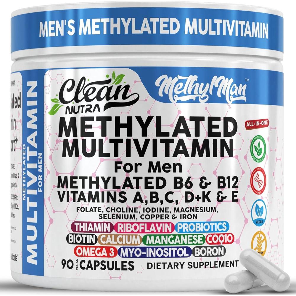 image:imageMethylated Multivitamin for Men with Vitamin B12 B6 Choline Magnesium Selenium CoQ10 Iodine Manganese Iron Boron Copper Thiamin Riboflavin Biotin Probiotics Omega 3 Vegetarian Capsules Mens Vitamins