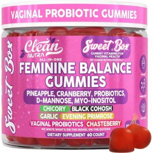 Clean Nutra Feminine Balance Gummies for Women Pineapple VaginalProbiotics pH Balance Cranberry D Mannose Supplement Inositol Black Cohosh Evening Primrose Garlic Vitex GLA Prebiotics Folate 60ct