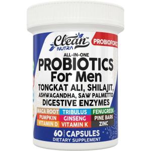 Clean Nutra Probiotics for Men | Tongkat Ali, Saw Palmetto, Tribulus, Ginseng, Ashwagandha, Maca, Pumpkin, Gingko Biloba, Pine Bark, Fenugreek, Shilajit, Zinc – Mens Probiotic 60 Capsules(1)