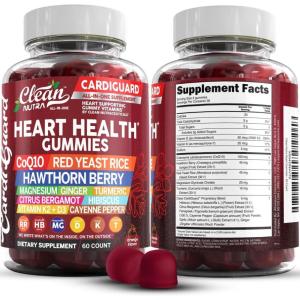 Clean Nutraceuticals Coq10 Gummies | Red Yeast Rice Hawthorn Berry Ginger Turmeric Citrus Bergamot Hibiscus Vitamin K2+D3 Magnesium Glycinate Cayenne Pepper Fenugreek Orange Flavor CardiGuard(1)