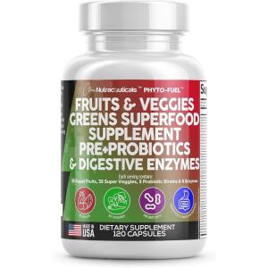 Clean Nutraceuticals Fruits and Veggies Supplement Reds & Green Superfood – Balance of Over 70 Fruit & Vegetable Supplements Capsules with Probiotics Prebiotics Digestive Enzymes – 120 Ct USA(1)