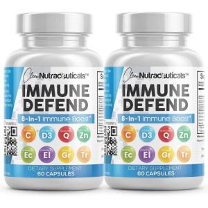 Clean Nutraceuticals Immune Defense Support Supplement 8 in 1 with Zinc 50mg Quercetin, VIT C 1000mg, Vitamin D3 5000 IU, Elderberry, Ginger – Immunity System Booster for Adults, Vegan – 60 Count(2)