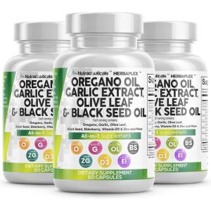 Clean Nutraceuticals Oregano Oil Garlic Extract Olive Leaf Black Seed Oil – Immune Support & Digestive Health Supplement for Women and Men with Vitamin D3 & Zinc – 3Pack