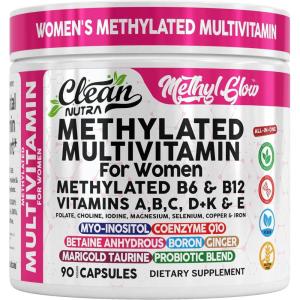 Methylated Multivitamin for Women Vitamins B6 Methyl B12 A B C D K E Folate Choline Omega 3 Thiamine Riboflavin Iron Iodine Magnesium Zinc Selenium Copper Calcium 90 Capsules by Clean Nutra