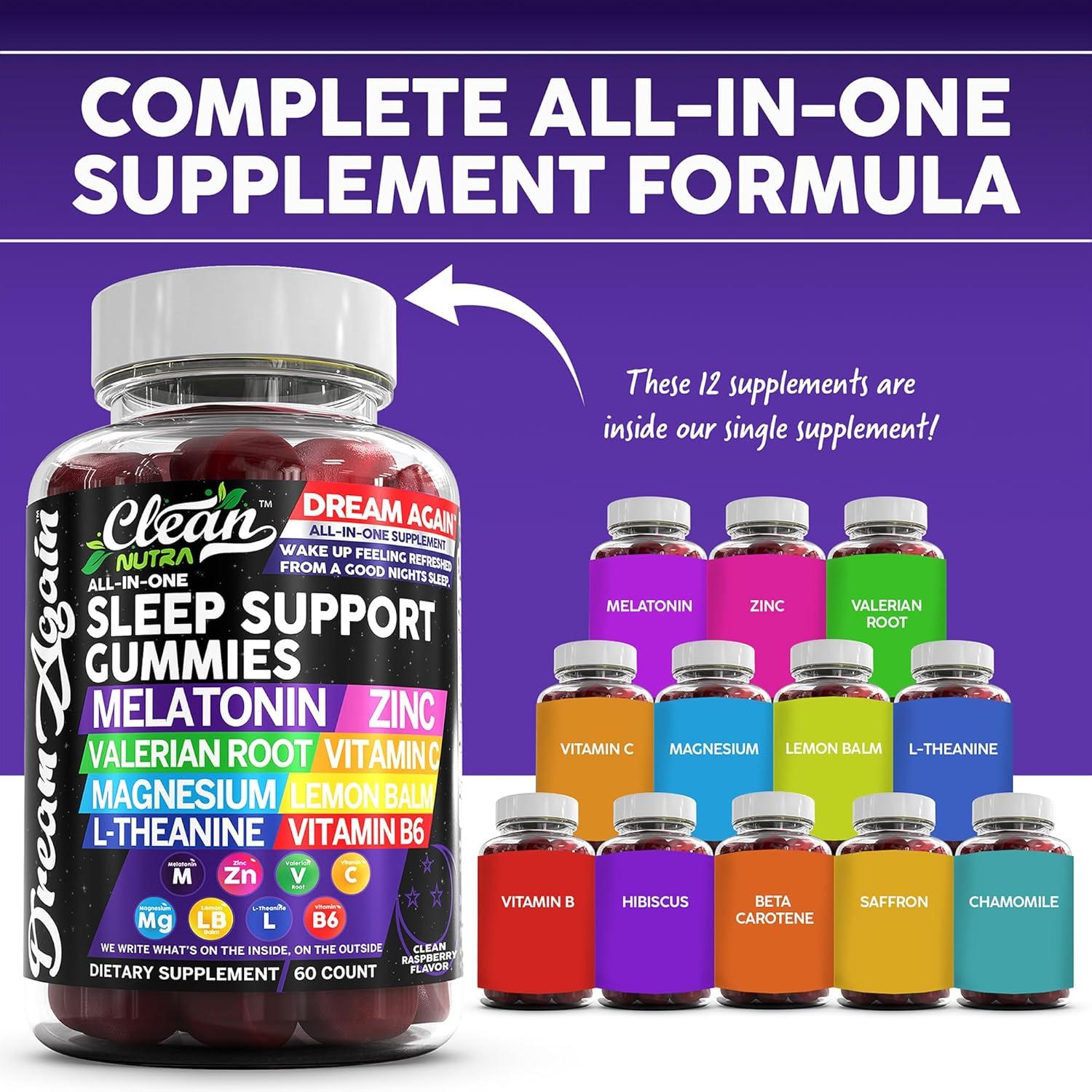 image:imageSleep Aid Melatonin Gummies Valerian Root LTheanine Vitamin B6 C Lemon Balm Magnesium Hibiscus Beta Carotene Saffron amp Chamomile Rest Support Supplement Raspberry Flavor Dream Again by Clean Nutra
