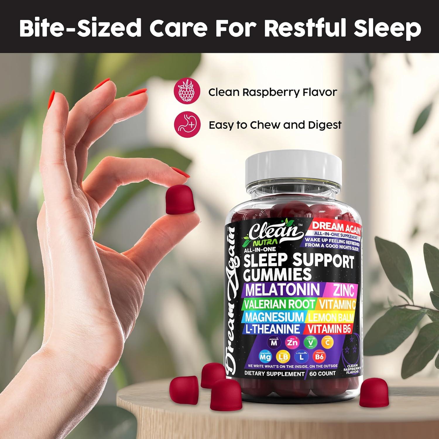 image:imageSleep Aid Melatonin Gummies Valerian Root LTheanine Vitamin B6 C Lemon Balm Magnesium Hibiscus Beta Carotene Saffron amp Chamomile Rest Support Supplement Raspberry Flavor Dream Again by Clean Nutra