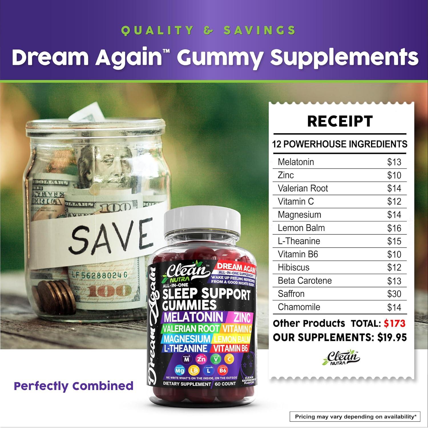 image:imageSleep Aid Melatonin Gummies Valerian Root LTheanine Vitamin B6 C Lemon Balm Magnesium Hibiscus Beta Carotene Saffron amp Chamomile Rest Support Supplement Raspberry Flavor Dream Again by Clean Nutra