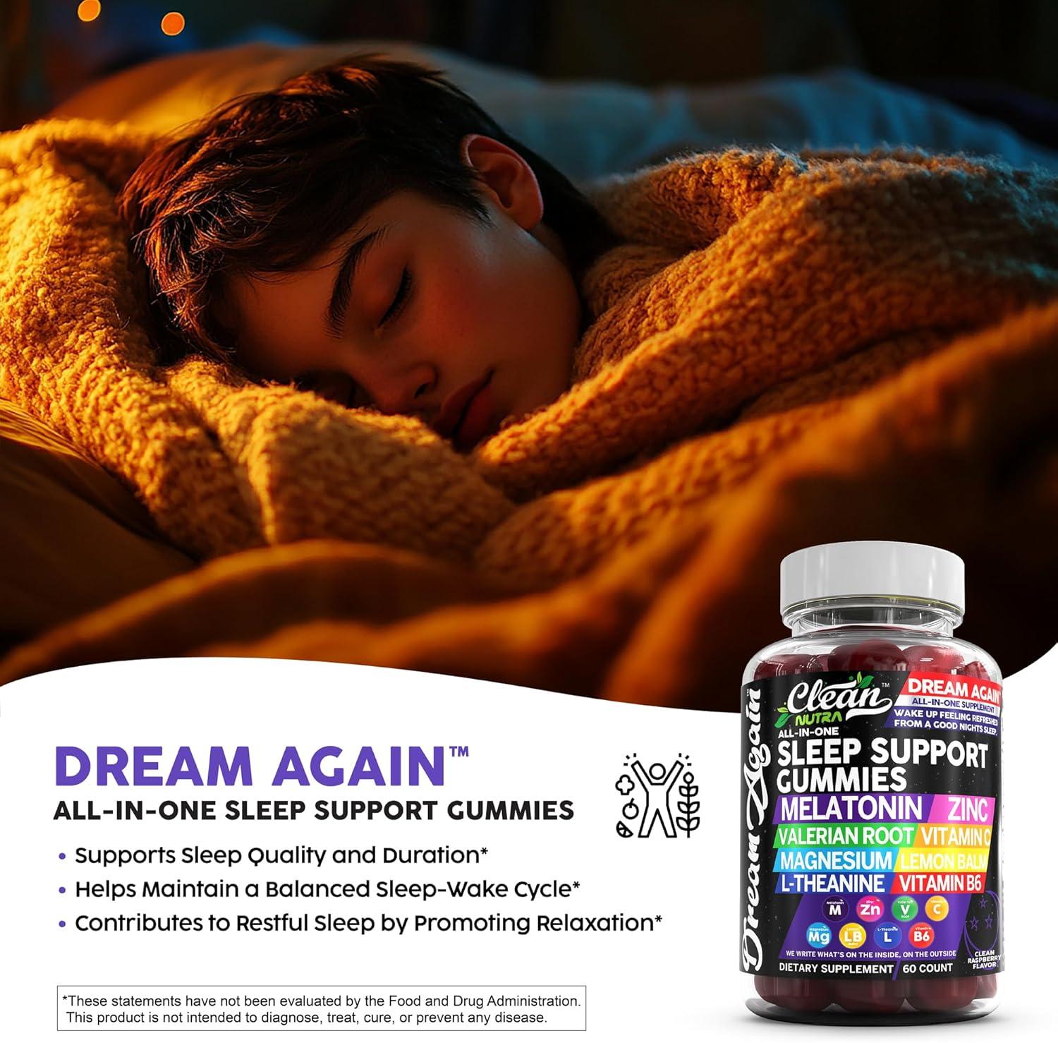 image:imageSleep Aid Melatonin Gummies Valerian Root LTheanine Vitamin B6 C Lemon Balm Magnesium Hibiscus Beta Carotene Saffron amp Chamomile Rest Support Supplement Raspberry Flavor Dream Again by Clean Nutra